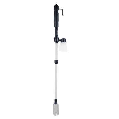 assembled aquarium gravel cleaner vertical on white background with handle, tube, and suction head