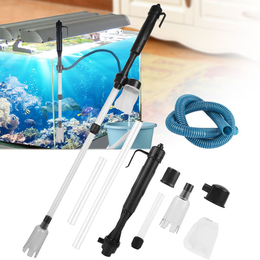 battery-operated aquarium gravel cleaner with tubes, mesh filter bag and blue siphon hose displayed by aquarium