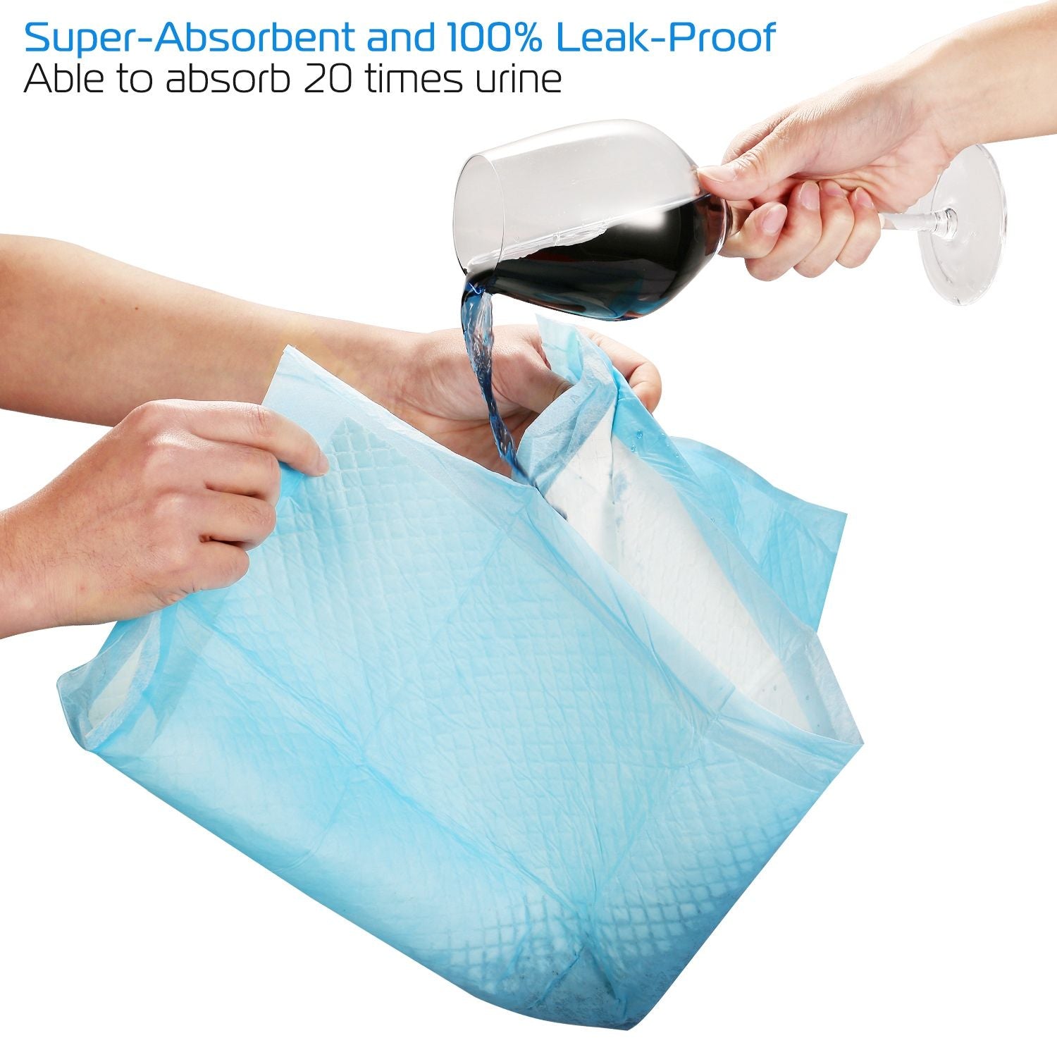 Liquid poured onto pad showing absorbent layers and leak proof gel action