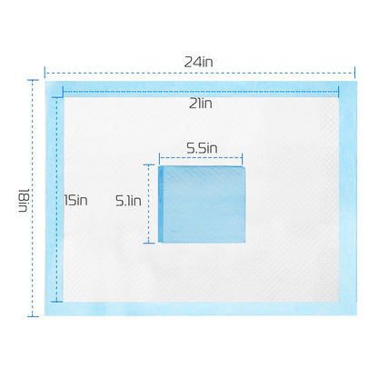 Dimensional diagram of training pad showing 24 by 18 inch overall size and inner measurements