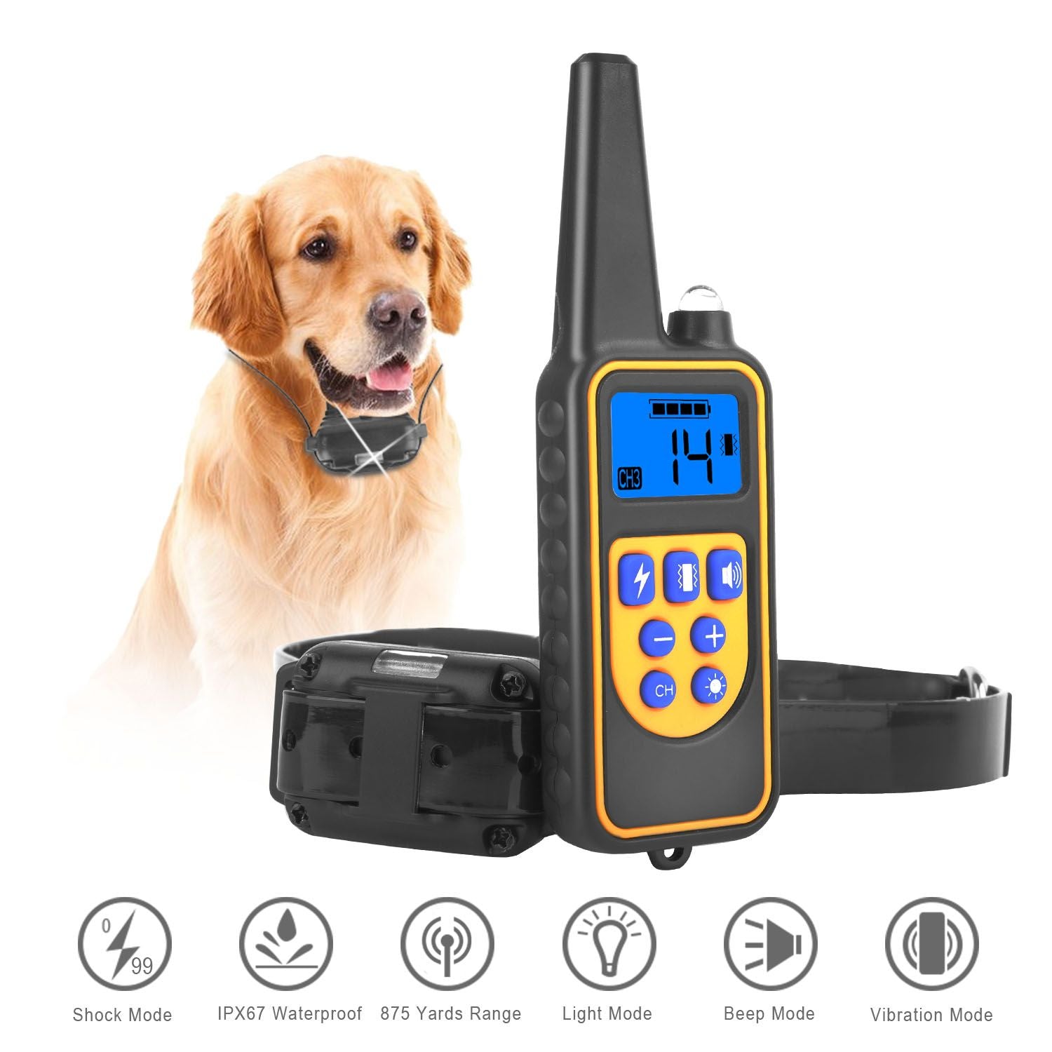 handheld remote and dog collar receiver with blue LCD and adjustable black strap
