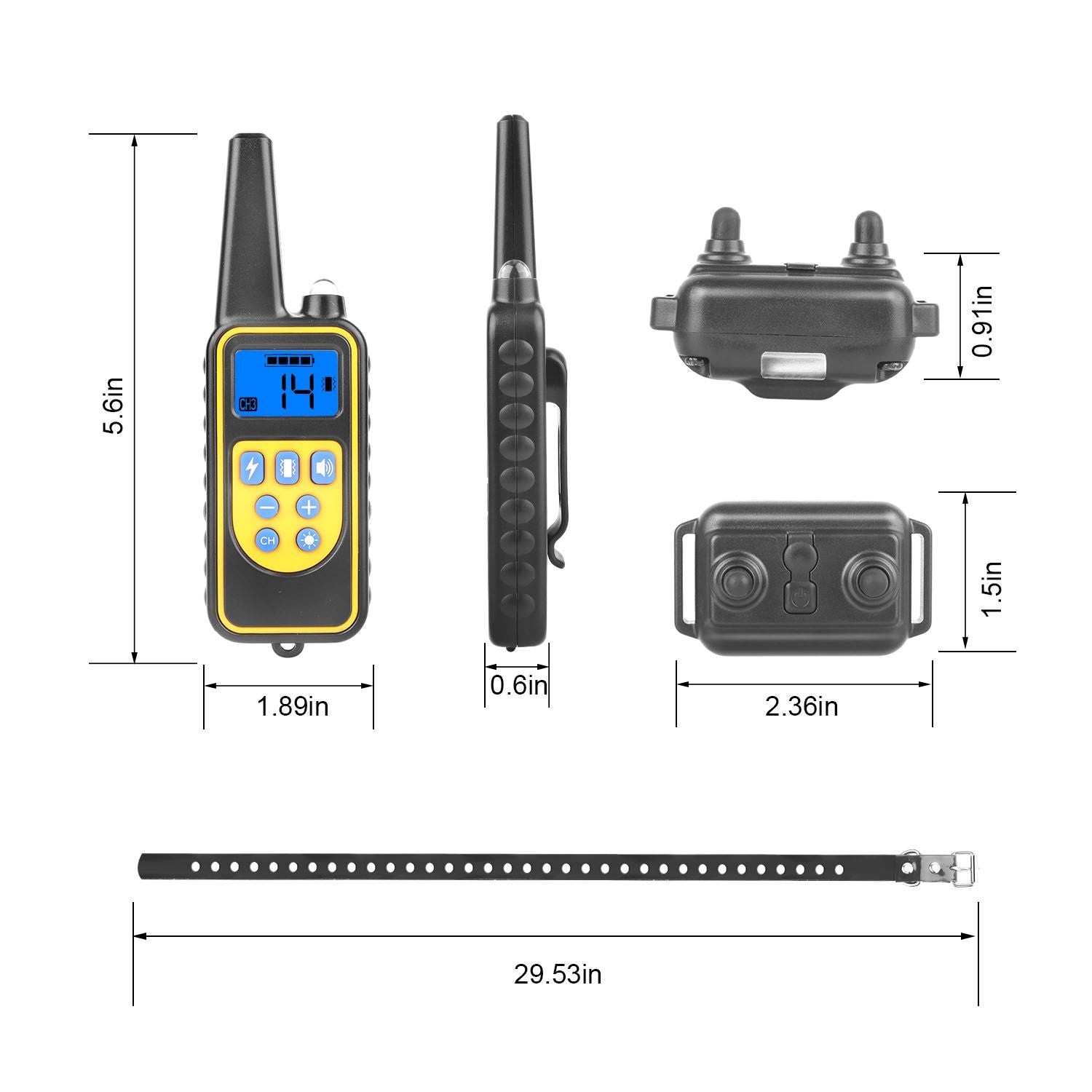 size diagram of remote and collar receiver with strap length measurements
