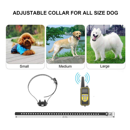 adjustable black collar strap and remote illustrating fit for small to large dogs