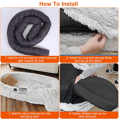 How-to-install collage showing rim sponge, inserting filling, zipping cover and removable bottom mat