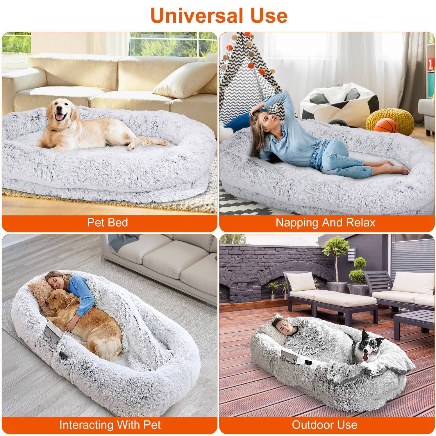 Collage of the bed used indoors for pets and people and outdoors on a patio
