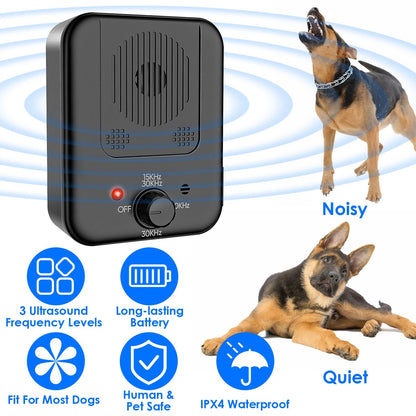Black ultrasonic anti-barking device front view with knob and LED, marketing icons and dogs illustrating noisy vs quiet
