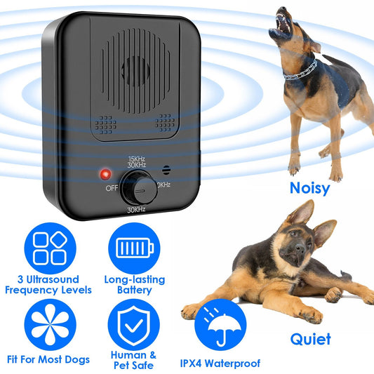 Black ultrasonic anti-barking device front view with knob and LED, marketing icons and dogs illustrating noisy vs quiet