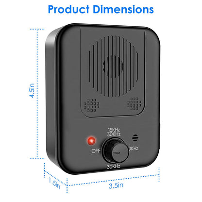 Front view of device with dotted dimension lines showing 4.5 x 3.5 x 1.5 inch product size