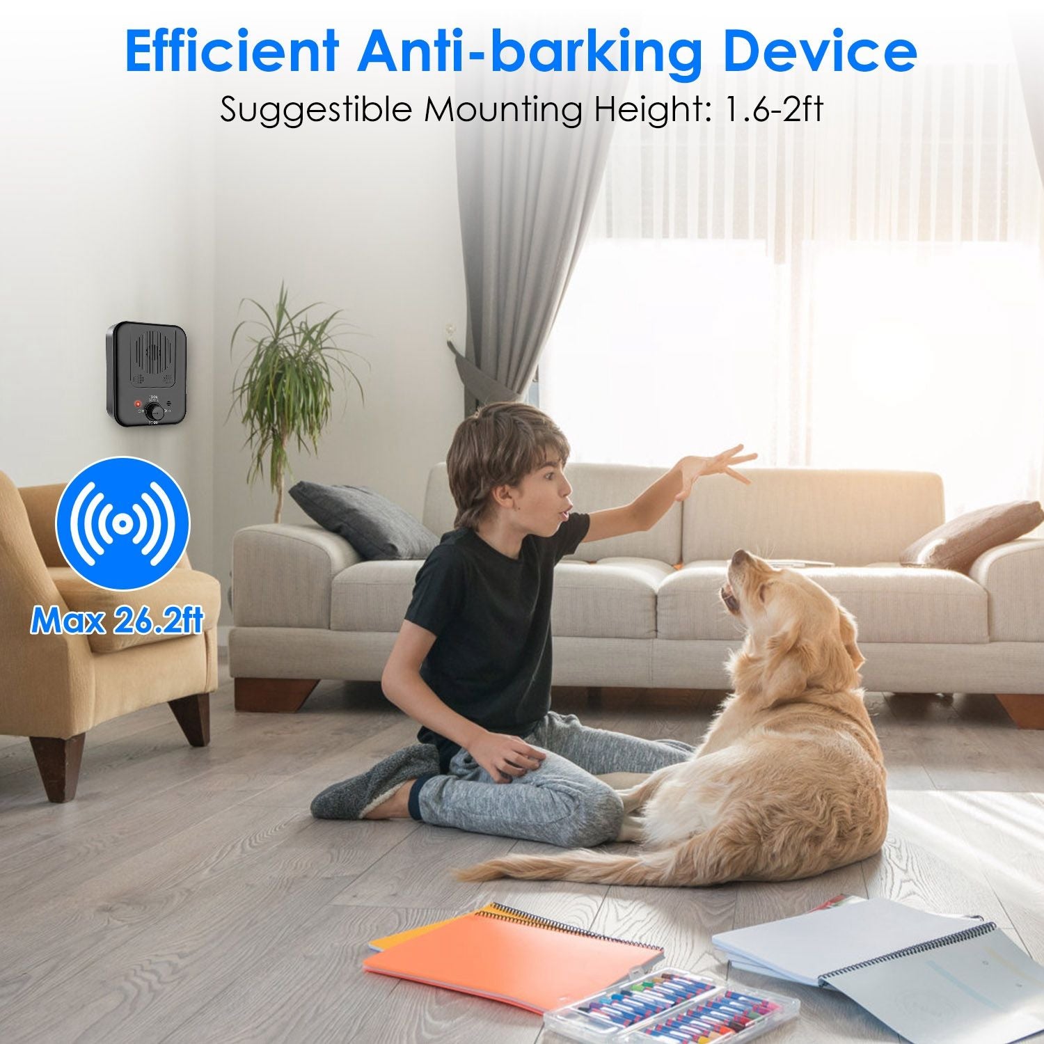 Ultrasonic device mounted on living room wall with child playing and dog nearby, showing max 26.2 ft range