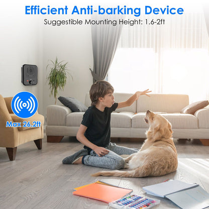 Ultrasonic device mounted on living room wall with child playing and dog nearby, showing max 26.2 ft range