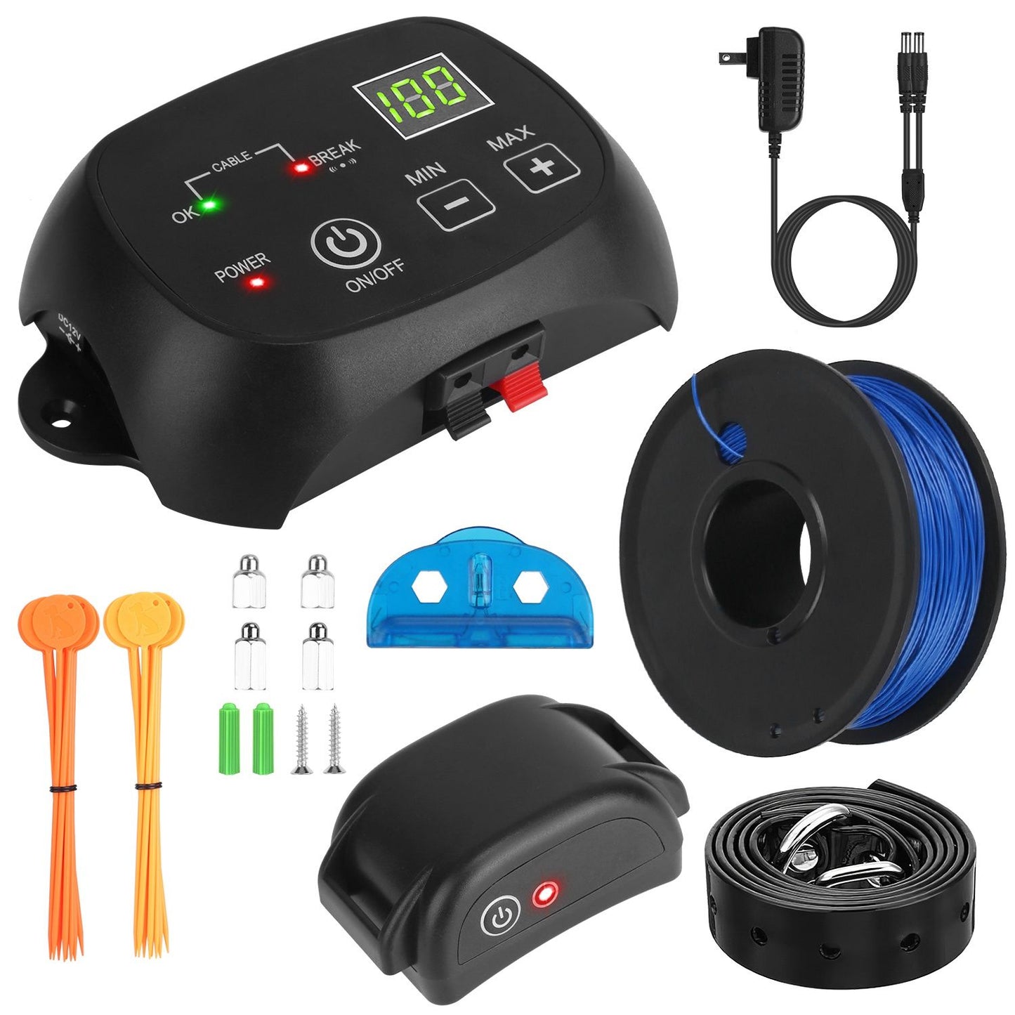 Studio layout of transmitter, receiver, coil of wire, adapter, flags and spare probes in single-collar kit