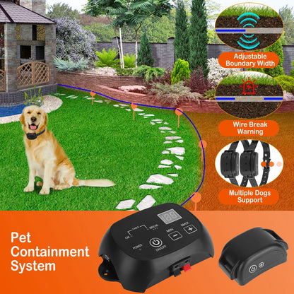 Garden view with boundary wire and flags plus icons for adjustable width and wire-break warnings