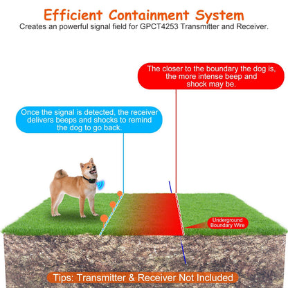 cross‑section graphic showing underground boundary wire and dog receiver warning at virtual boundary