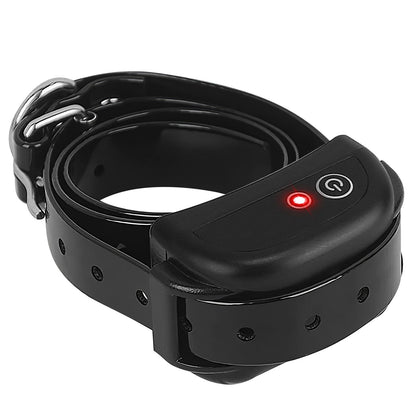 Coiled black TPU collar with attached receiver showing illuminated red indicator and buckle