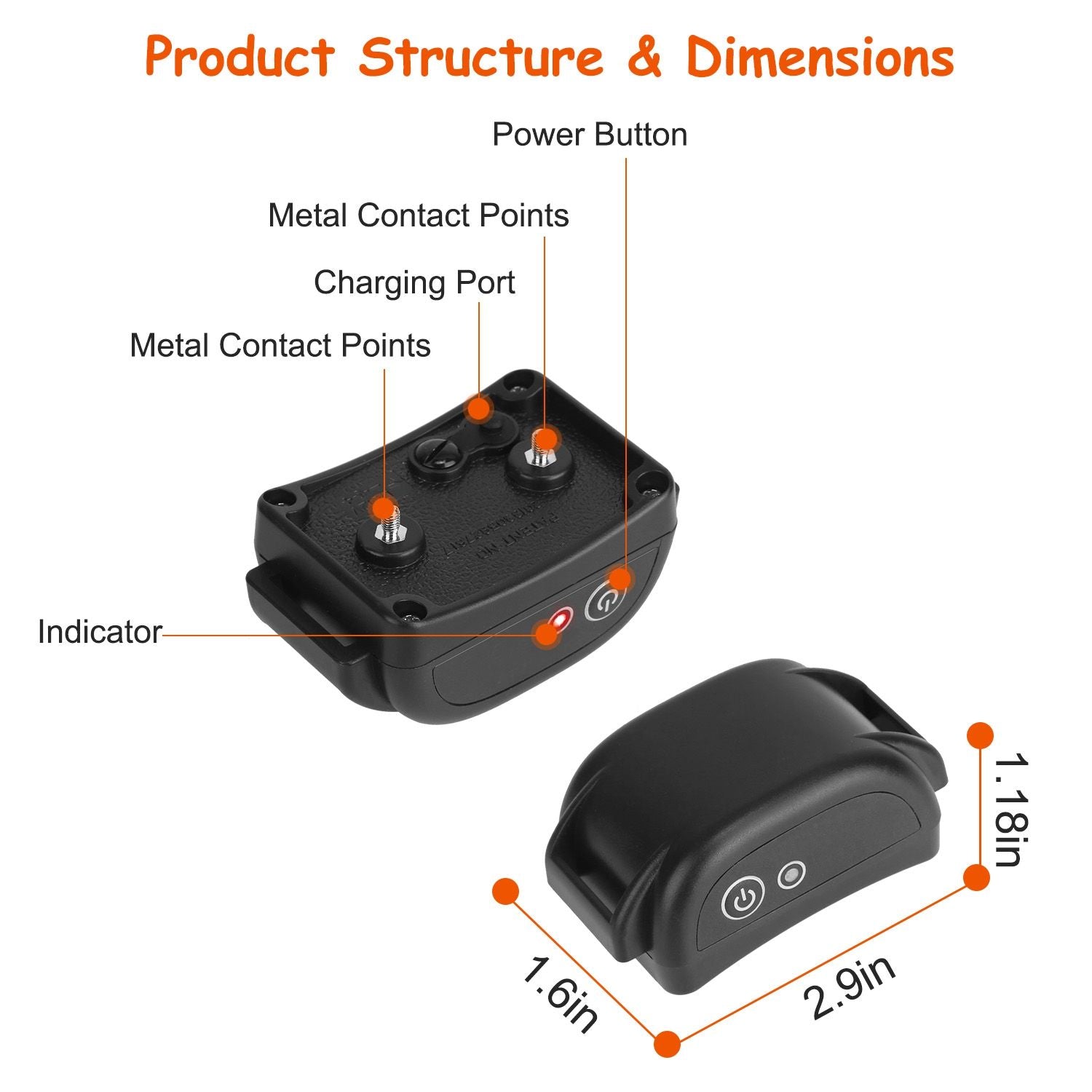 Labeled receiver diagram showing metal contact points, charging port, power button and 2.9 x 1.6 x 1.18 in dimensions