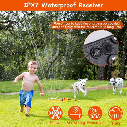 Outdoor sprinkler scene illustrating IPX7 waterproof receiver and reminder to keep charging port sealed