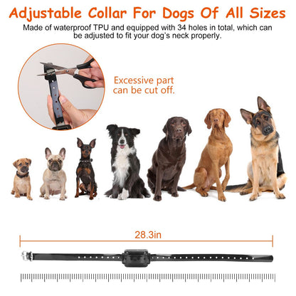 Adjustable TPU collar strap 28.3 inches long with 34 holes shown with various dog breeds