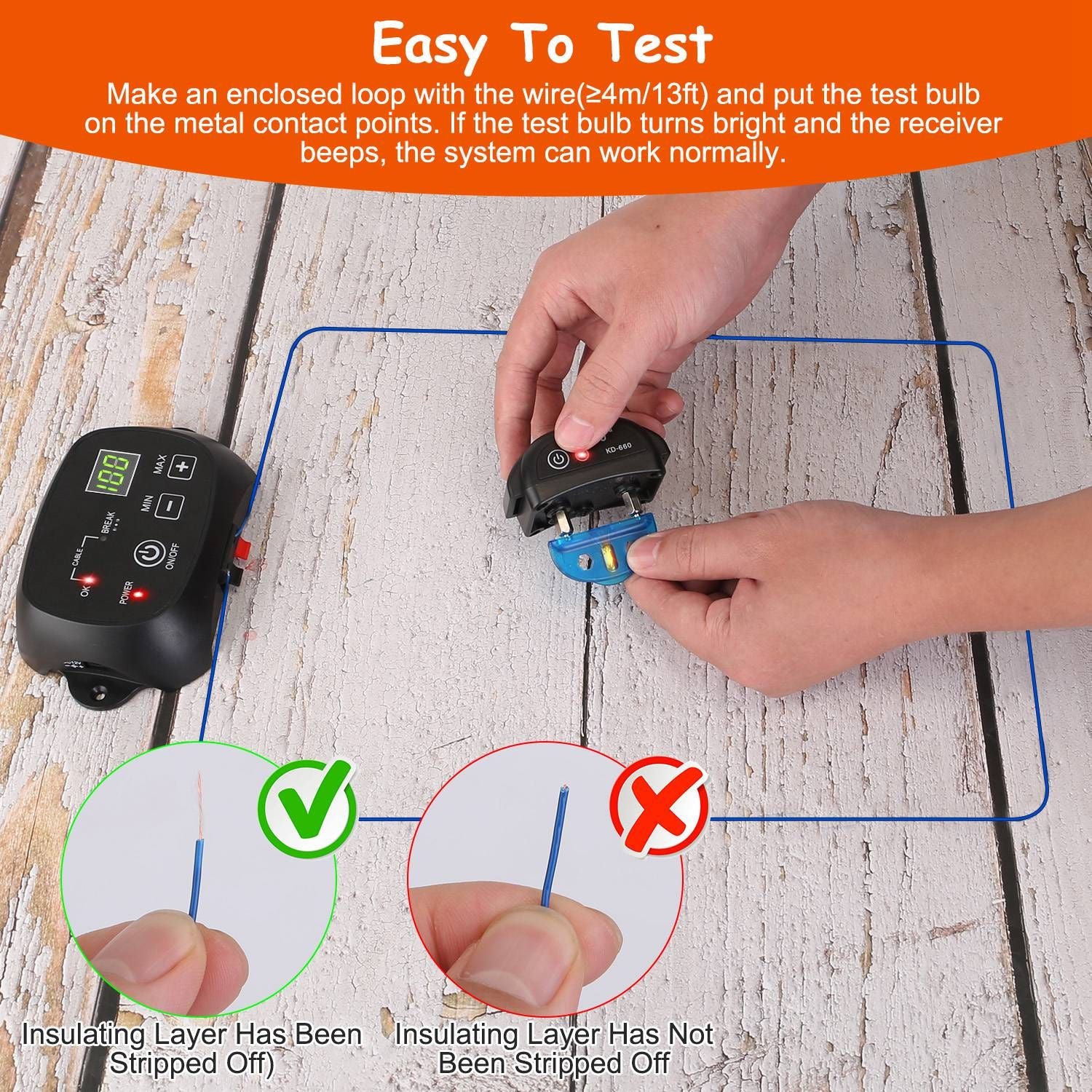 Hands using a test bulb and wire loop to check receiver metal contact points, showing a stripped wire tip