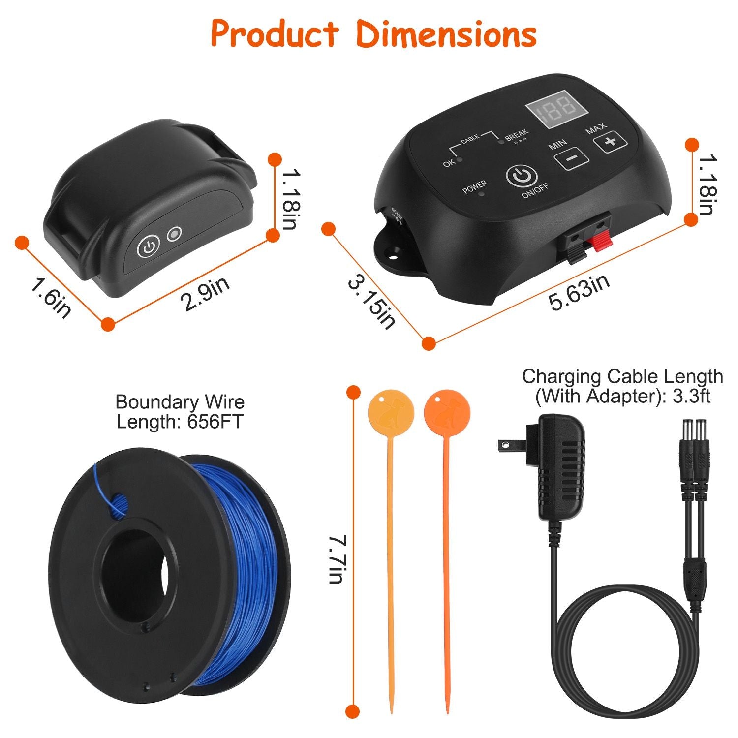 Dimensions graphic with transmitter, receiver, coil of boundary wire and accessory sizes