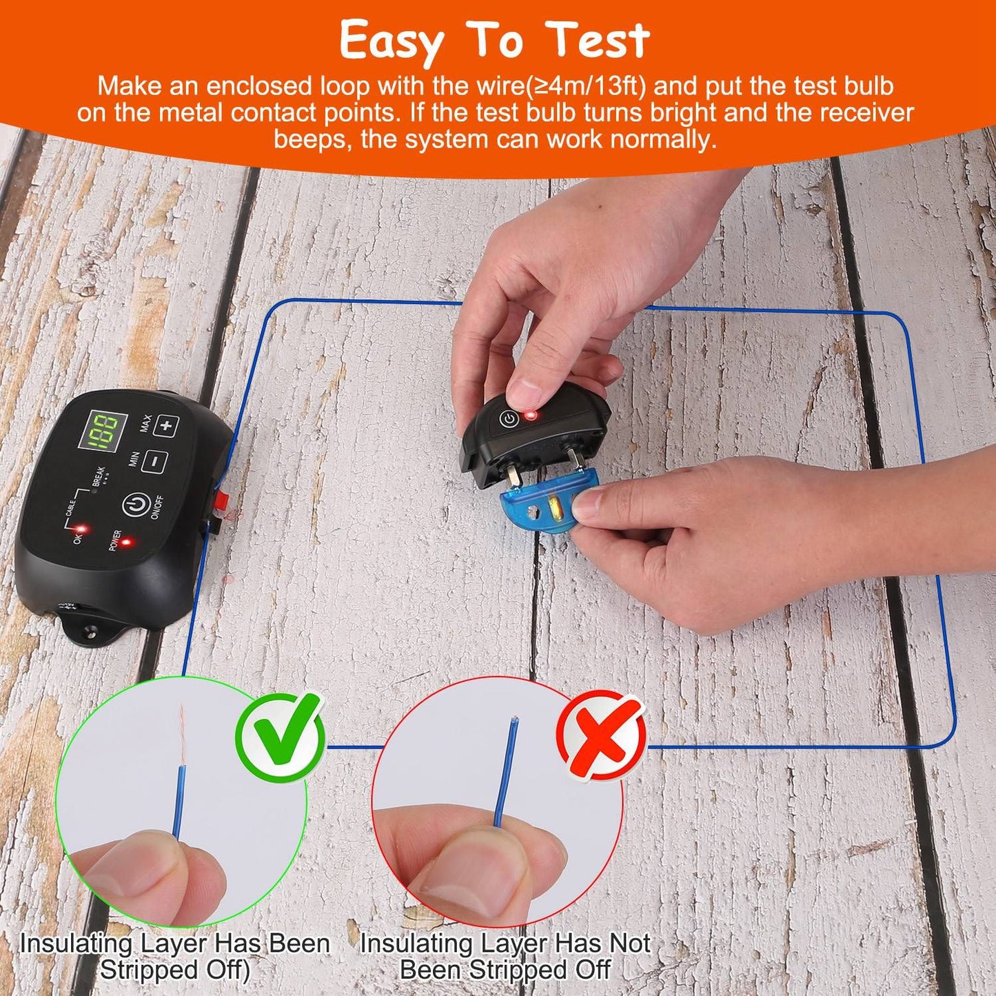 Hands testing receiver contact points with a test bulb and an enclosed loop of boundary wire