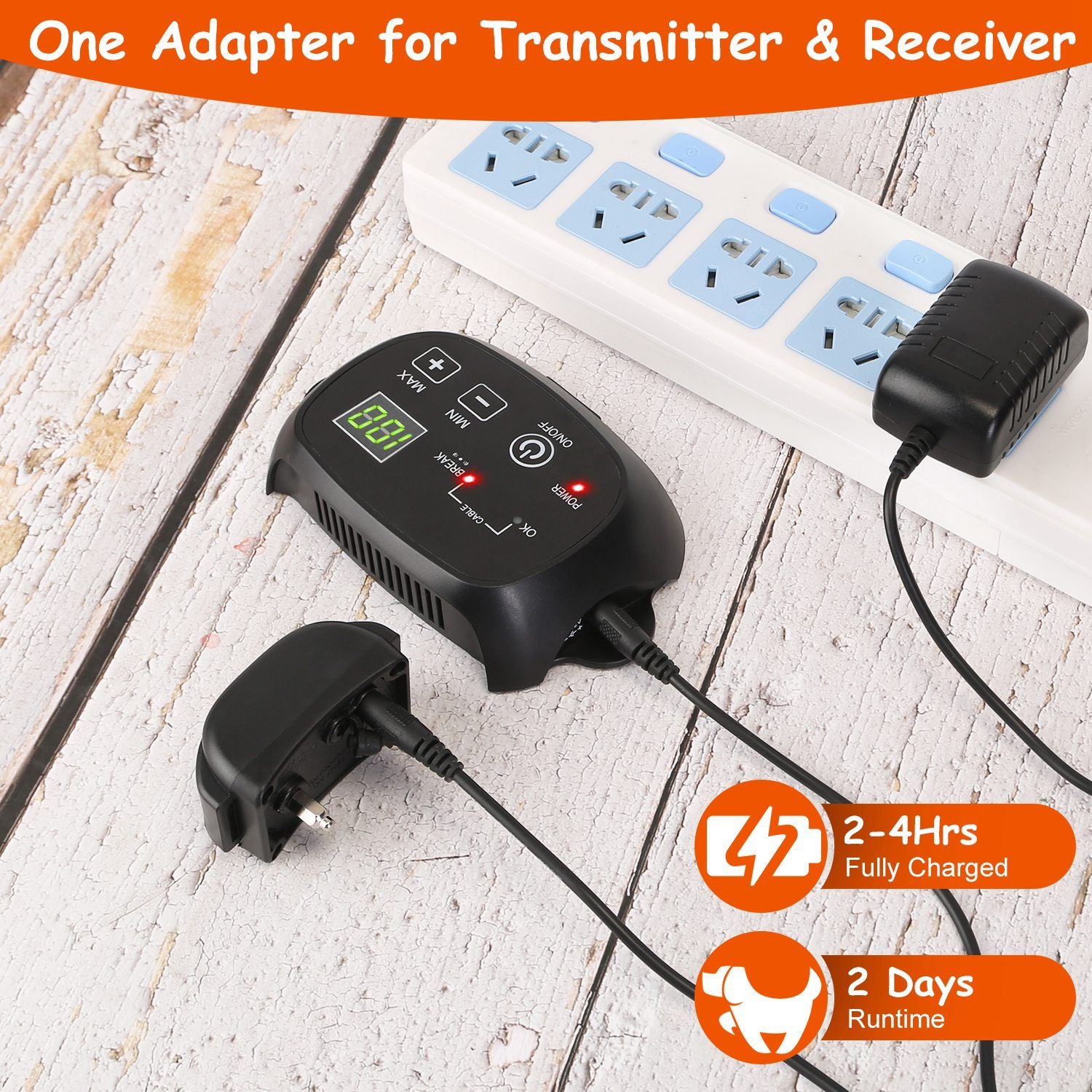 Transmitter and receiver charging from a single adapter with split charging cable