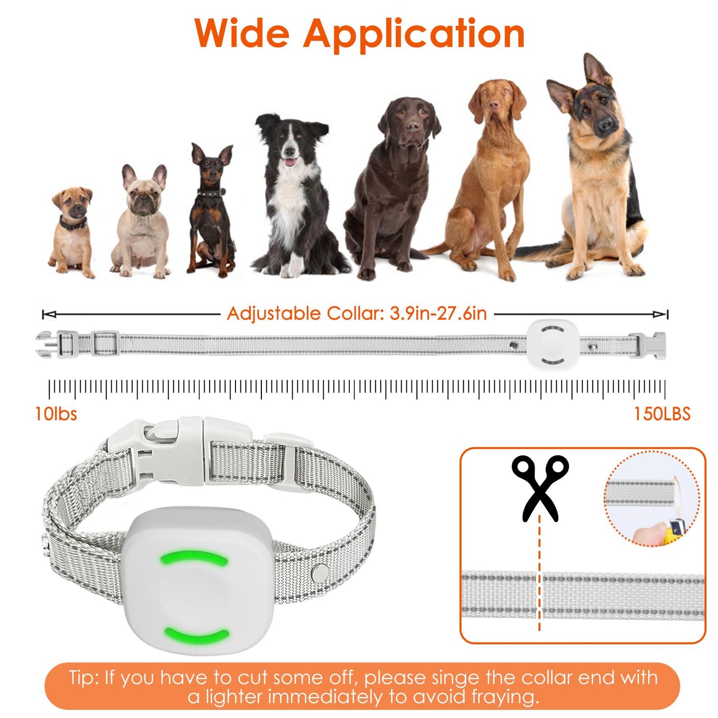 Adjustable woven collar on white receiver with measurement scale for 3.9–27.6 in necks