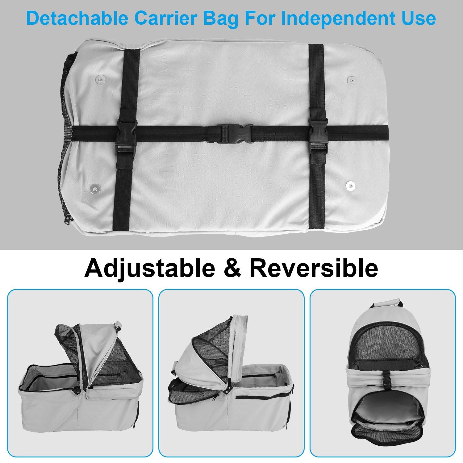 Detachable carrier bag with straps, buckles and mesh canopy shown folded and in multiple orientations