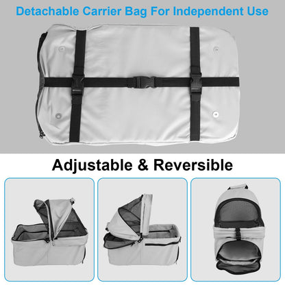 Detachable carrier bag with straps, buckles and mesh canopy shown folded and in multiple orientations