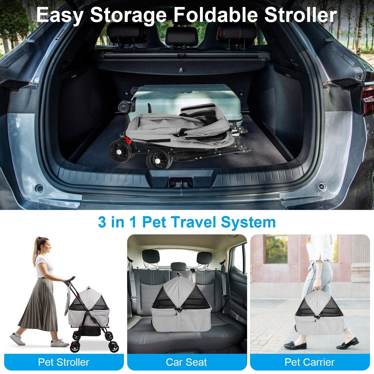 Folded pet stroller stored in a car trunk showing compact travel storage