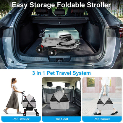 Folded pet stroller stored in a car trunk showing compact travel storage