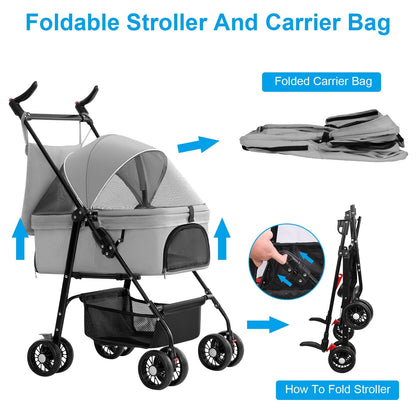 Foldable pet stroller and detachable carrier with arrows showing how to fold and compact storage