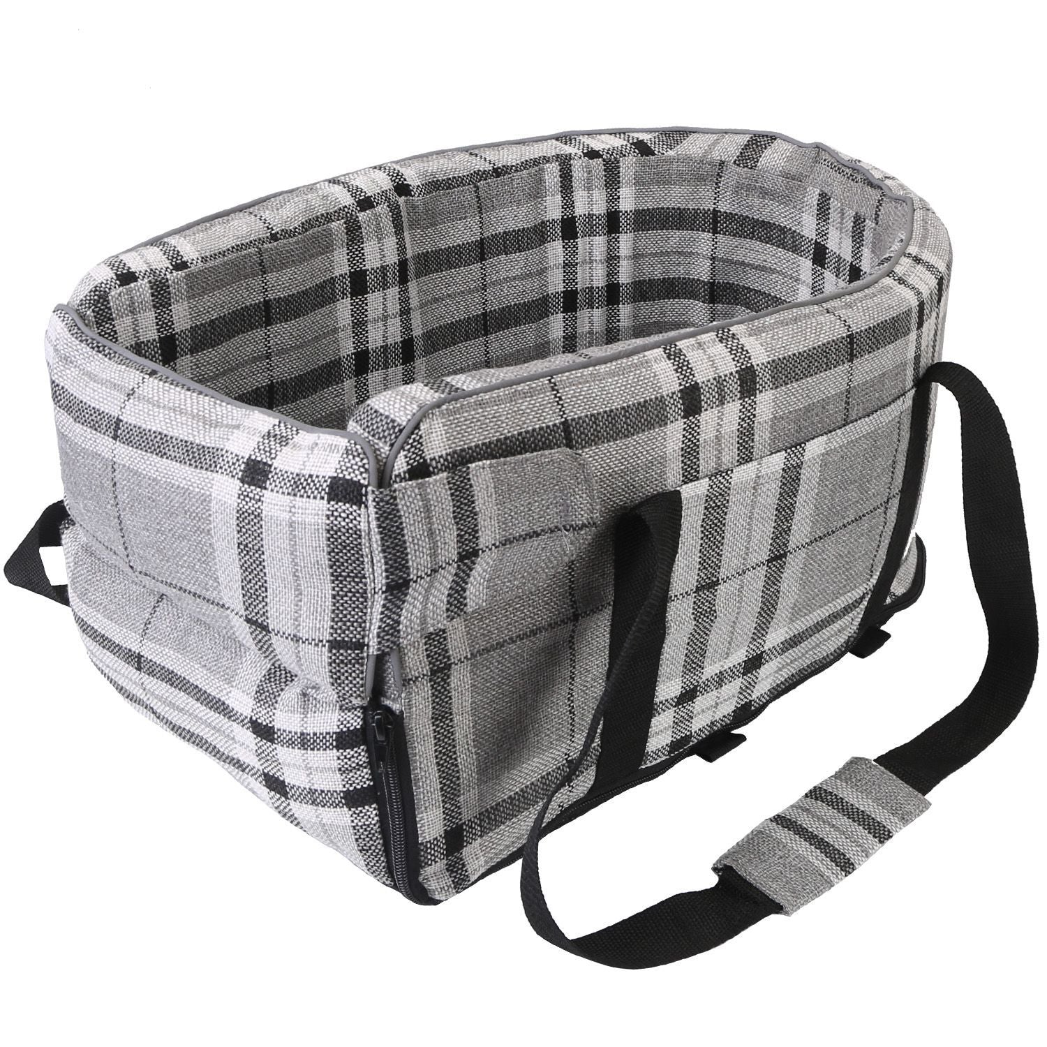 Gray plaid pet carrier angled view showing side zipper, pocket, and base