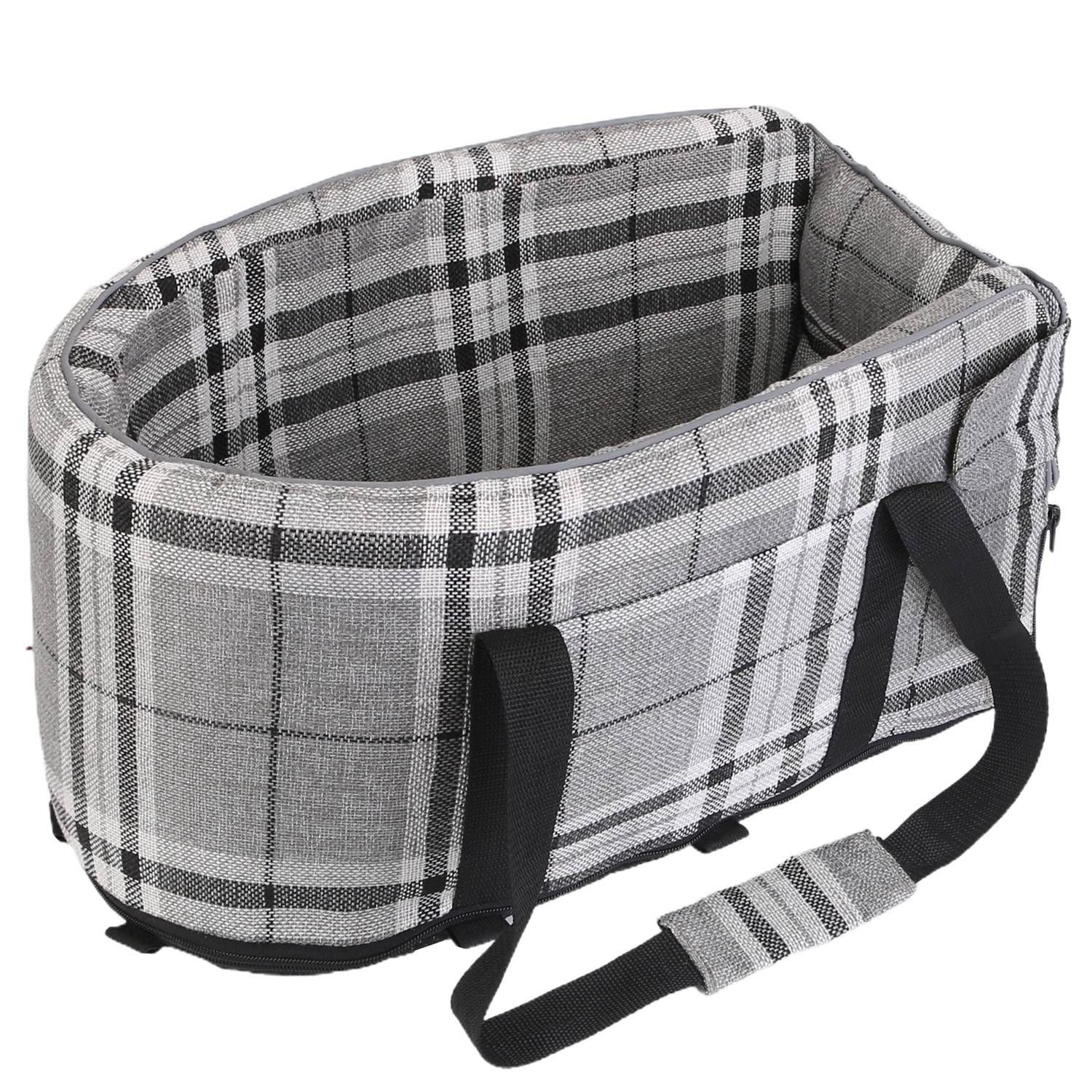 Gray plaid oval pet car seat with open interior and black carry straps