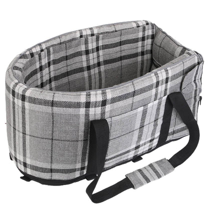 Gray plaid oval pet car seat with open interior and black carry straps