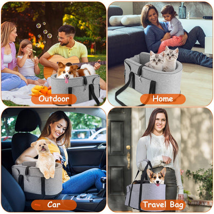 Collage demonstrating pet car seat use outdoors, at home, in car and as a travel bag