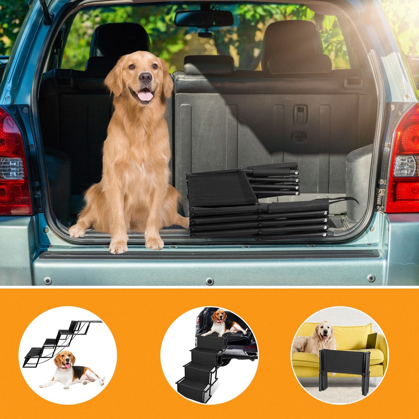 Folded four-step ramp stored in car trunk next to a golden retriever