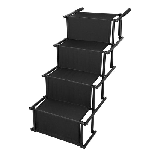 Foldable four-step dog ramp with black oxford fabric and matte black steel frame
