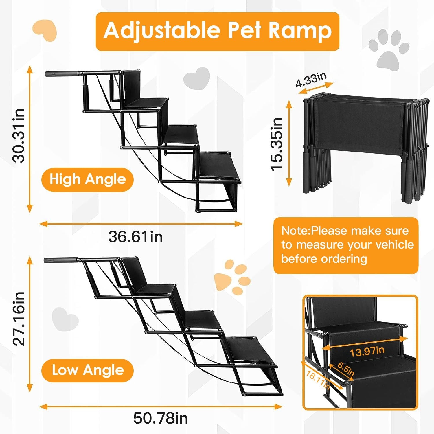 Dimension diagram showing high and low angle setups and folded size of the four-step dog ramp