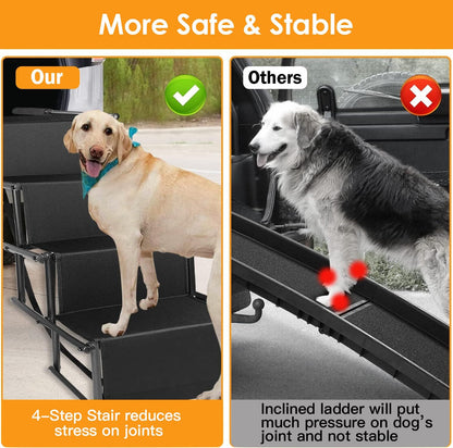 Comparison showing stable four-step ramp reducing joint stress versus an unstable inclined ladder