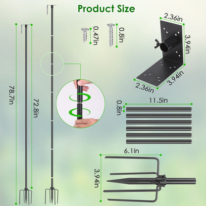 Dimensional diagram of pole kit with rod lengths, screw sizes, top panel and base measurements