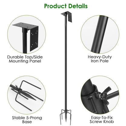 Four-callout view showing top/side mounting panel, iron pole finish, 5-prong base and screw knob details