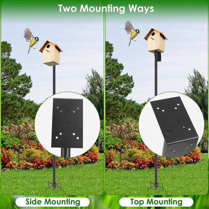Side and top mounting diagrams showing L-shaped bracket orientations for mounting a birdhouse or feeder