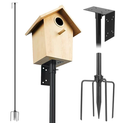 Wood birdhouse mounted to L-bracket with separate pole and five-prong spike base shown for assembly
