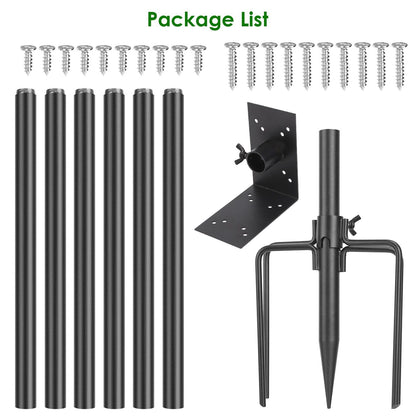 Flat-lay package contents: six rods, L-mount panel, 5-prong spike base and two sets of self-tapping screws