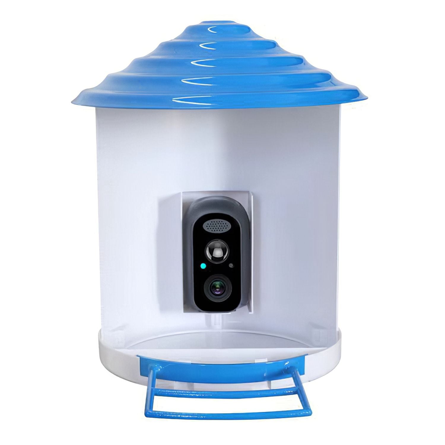 Close-up of white bird feeder interior with mounted black camera and blue feeding tray