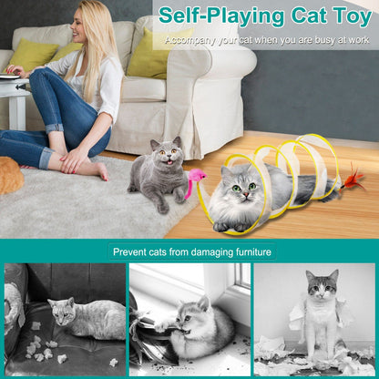 Living room scene of cats playing with a spiral foldable tunnel near a seated owner