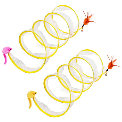 Two white mesh cat tunnels with yellow trim and attached feather and plush mouse toys