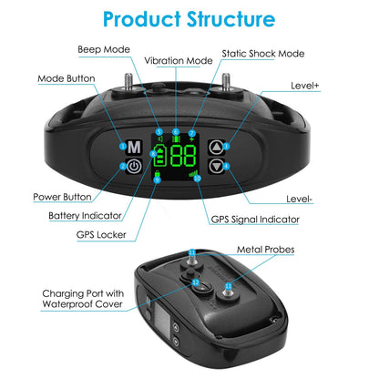 Close-up diagram of collar receiver showing display, mode and power buttons, probes and charging port