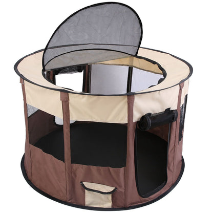 Round brown and beige foldable pet playpen with partial mesh top open