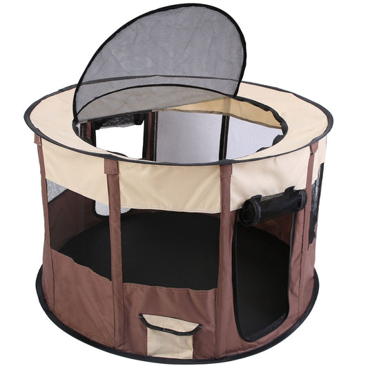 Round brown and beige foldable pet playpen with partial mesh top open